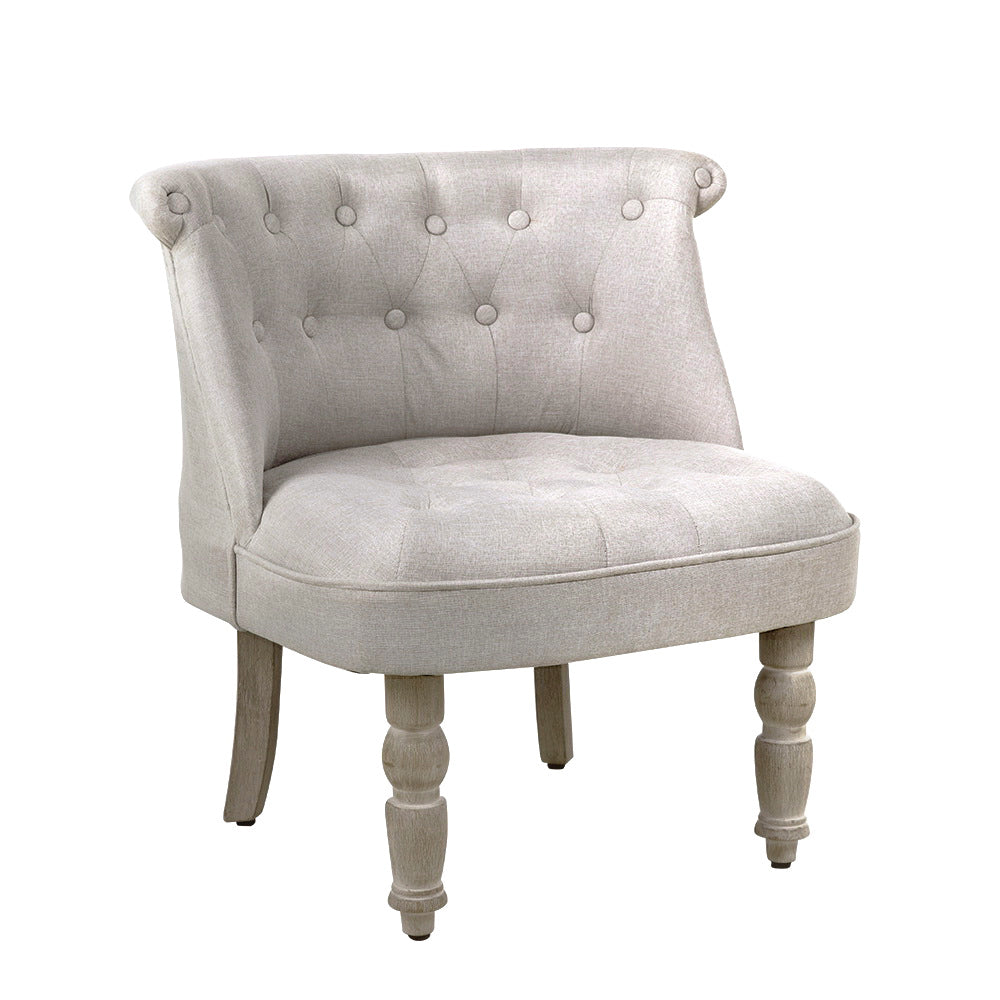 Artiss Lorraine Armchair in beige faux linen with button tufting and rubber wood legs, showcasing French Provincial style.
