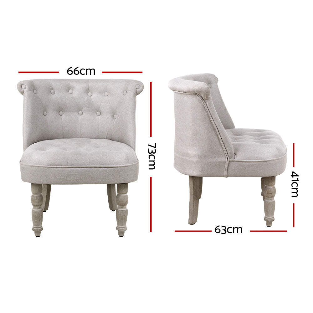 Artiss Lorraine Armchair in beige faux linen with button tufting and rubber wood legs, showcasing French Provincial style.