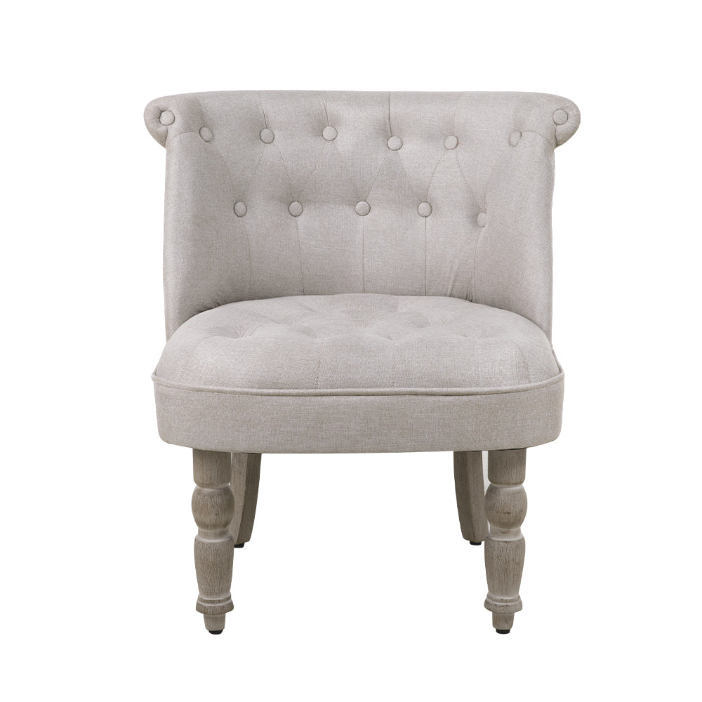 Artiss Lorraine Armchair in beige faux linen with button tufting and rubber wood legs, showcasing French Provincial style.