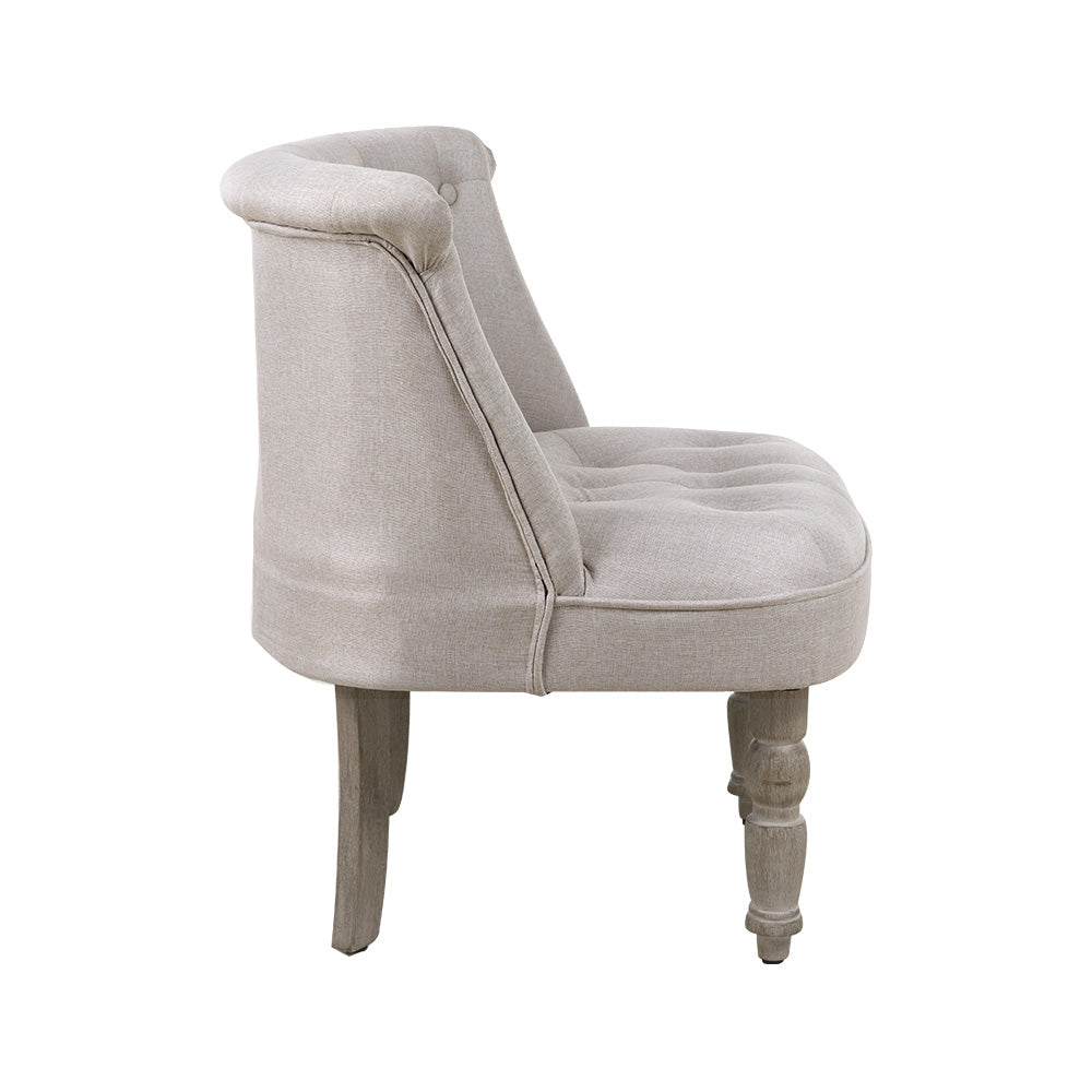 Artiss Lorraine Armchair in beige faux linen with button tufting and rubber wood legs, showcasing French Provincial style.