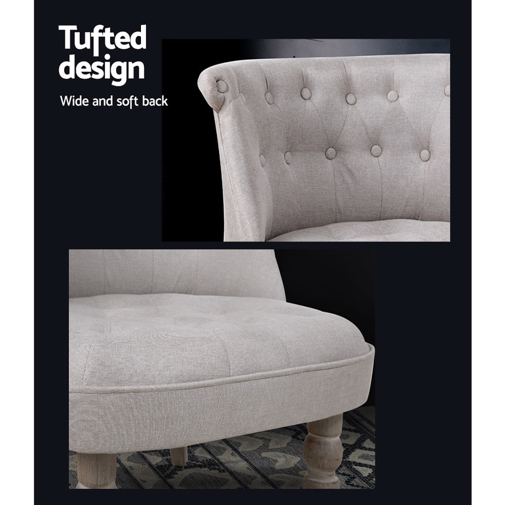 Artiss Lorraine Armchair in beige faux linen with button tufting and rubber wood legs, showcasing French Provincial style.