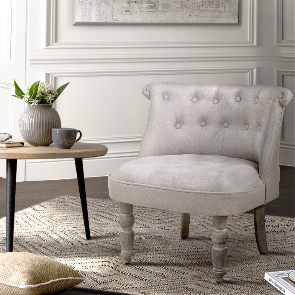 Artiss Lorraine Armchair in beige faux linen with button tufting and rubber wood legs, showcasing French Provincial style.
