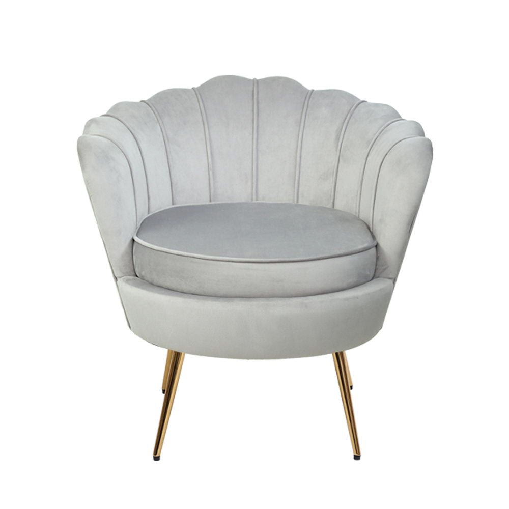 Artiss Armchair Lounge Chair in grey velvet with scallop shell back and golden splayed metal legs, showcasing a retro design.