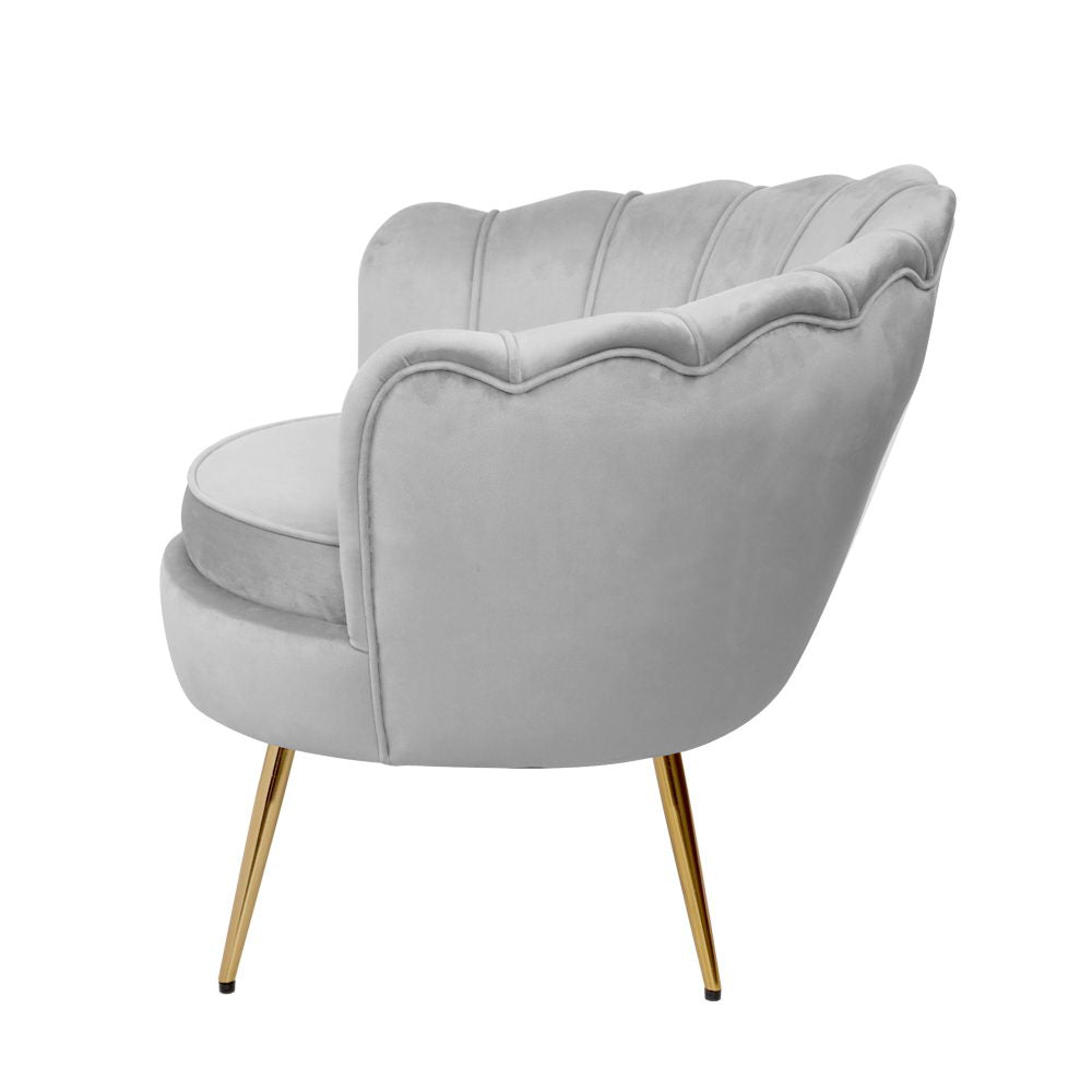 Artiss Armchair Lounge Chair in grey velvet with scallop shell back and golden splayed metal legs, showcasing a retro design.