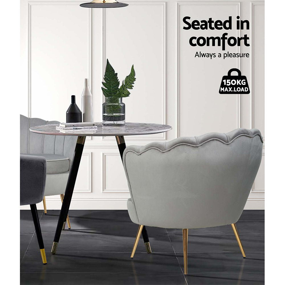 Artiss Armchair Lounge Chair in grey velvet with scallop shell back and golden splayed metal legs, showcasing a retro design.
