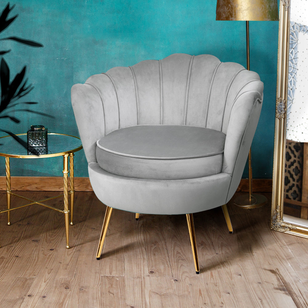 Artiss Armchair Lounge Chair in grey velvet with scallop shell back and golden splayed metal legs, showcasing a retro design.