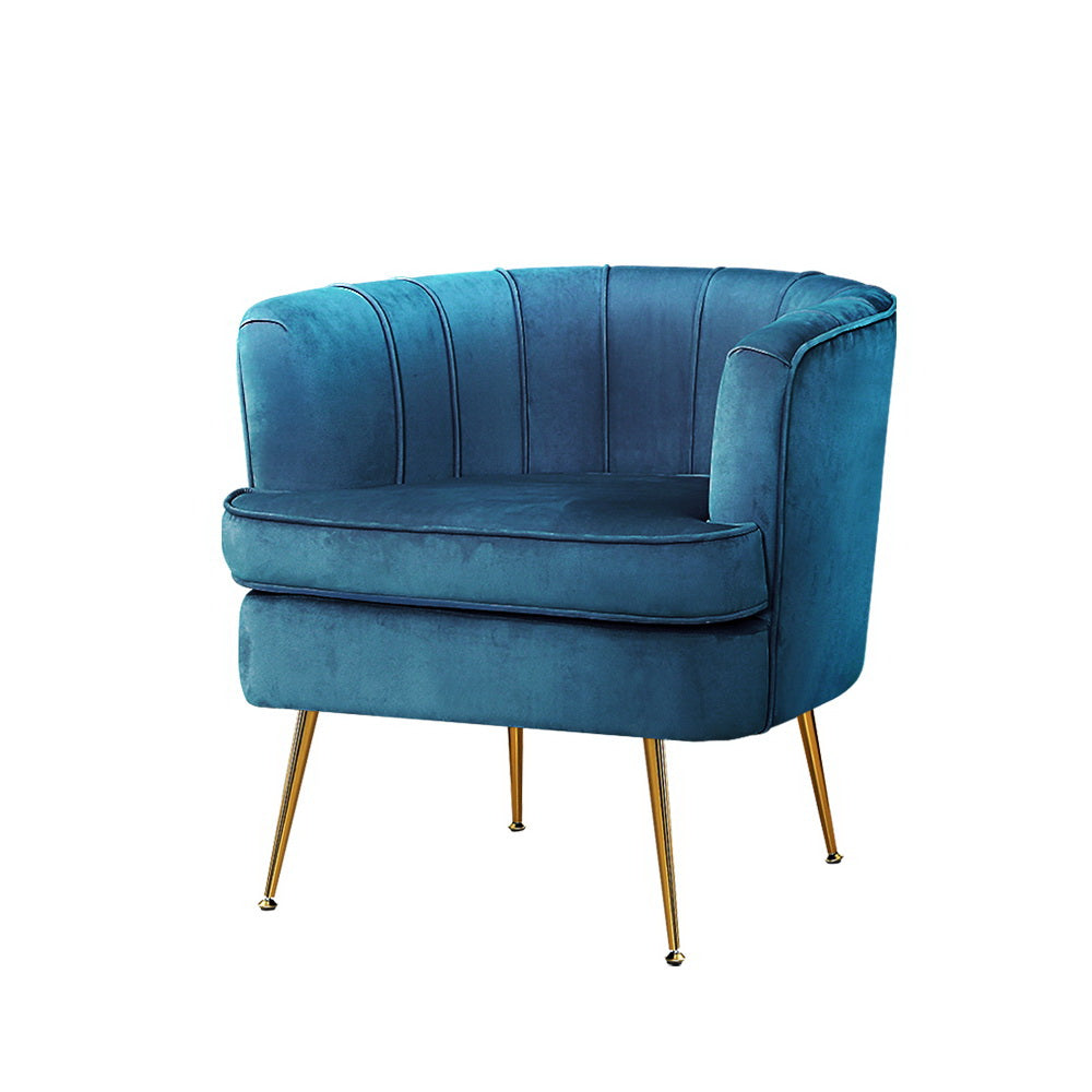 Artiss Norvia Armchair in navy velvet with golden splayed legs, showcasing a modern and elegant design.