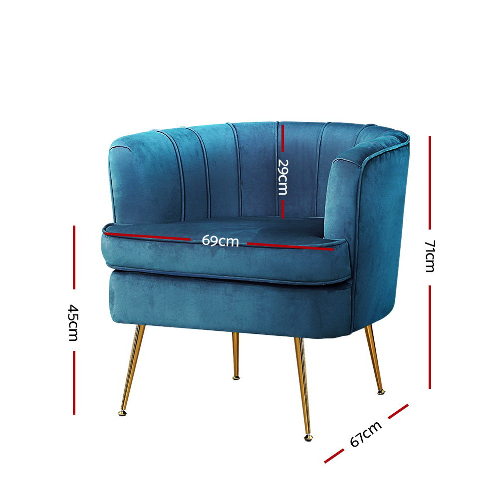 Artiss Norvia Armchair in navy velvet with golden splayed legs, showcasing a modern and elegant design.