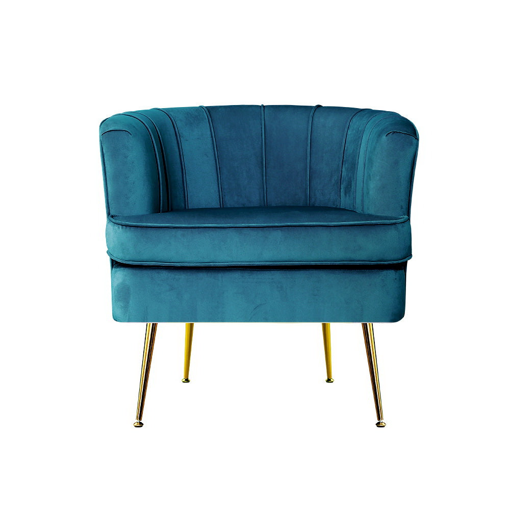 Artiss Norvia Armchair in navy velvet with golden splayed legs, showcasing a modern and elegant design.