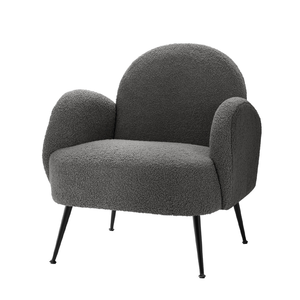 Artiss Hanes Armchair in charcoal sherpa fabric with black steel legs, showcasing its plush seat and elegant design.