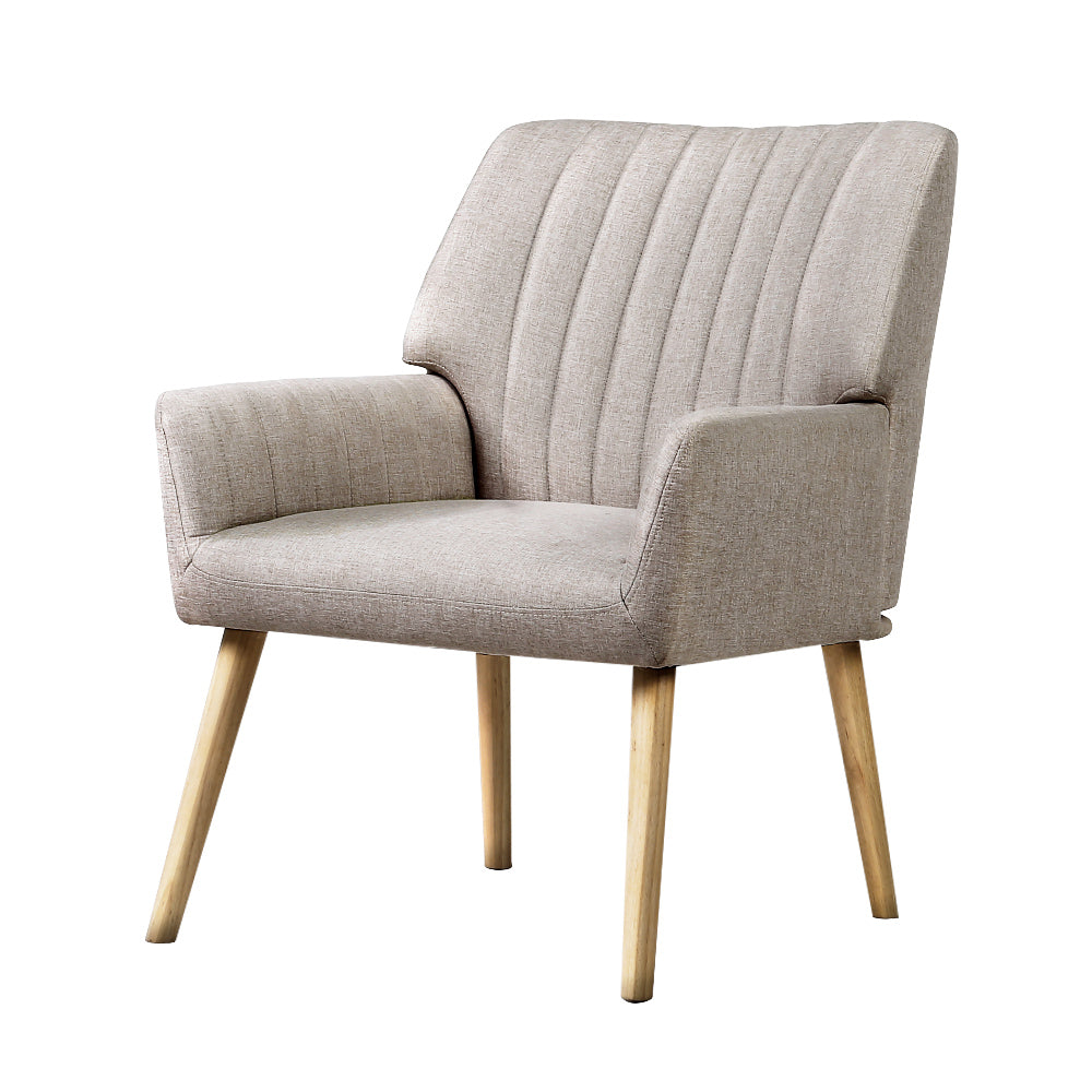 Artiss Sebastini Armchair in beige faux fabric with rubber wood legs, showcasing its elegant design and plush seating.