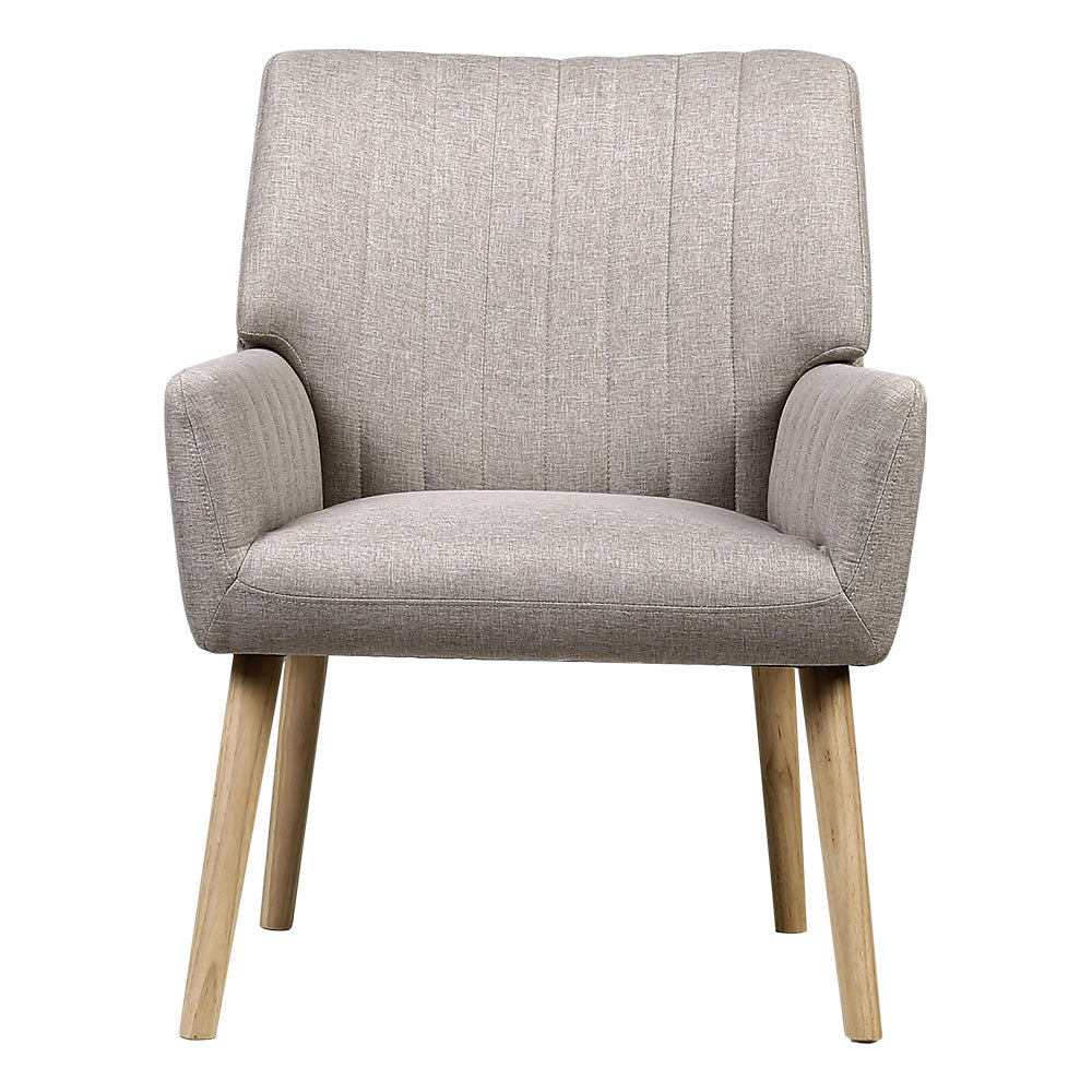 Artiss Sebastini Armchair in beige faux fabric with rubber wood legs, showcasing its elegant design and plush seating.