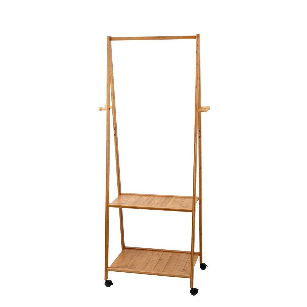 Artiss Bamboo Hanger Stand with two shelves and four hooks, showcasing a natural bamboo finish and lockable castors.
