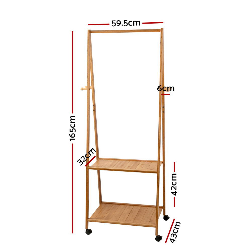 Artiss Bamboo Hanger Stand with two shelves and four hooks, showcasing a natural bamboo finish and lockable castors.