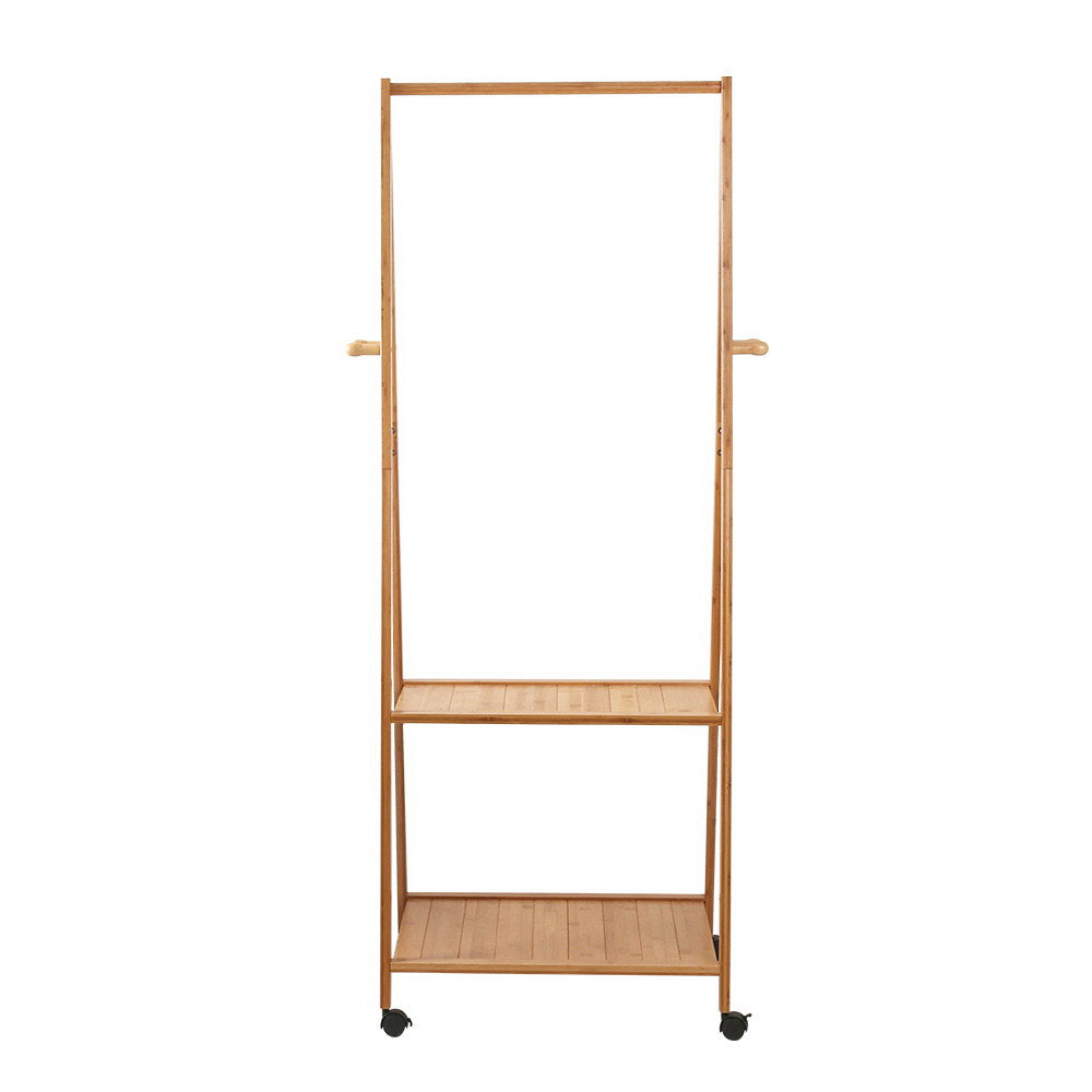 Artiss Bamboo Hanger Stand with two shelves and four hooks, showcasing a natural bamboo finish and lockable castors.