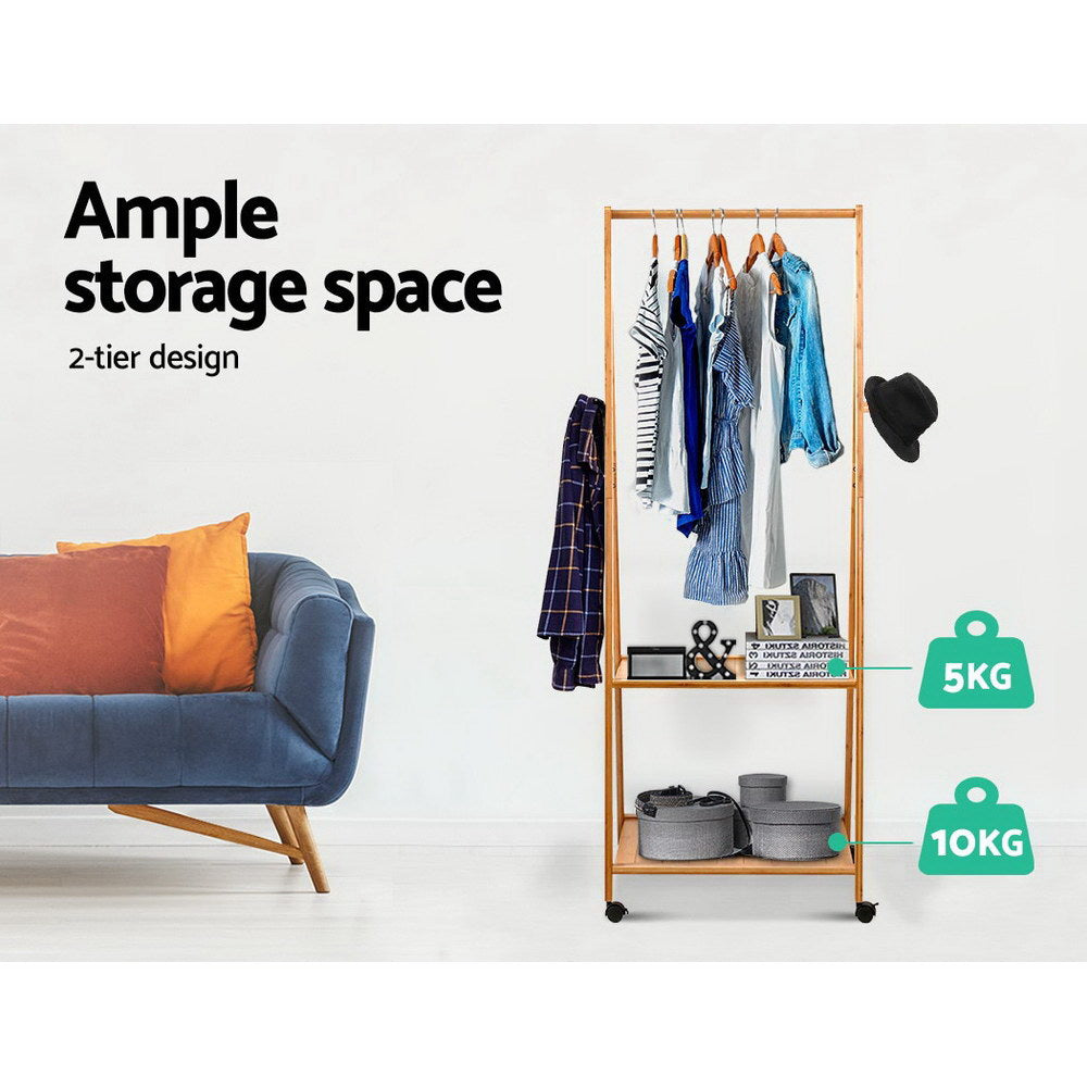 Artiss Bamboo Hanger Stand with two shelves and four hooks, showcasing a natural bamboo finish and lockable castors.