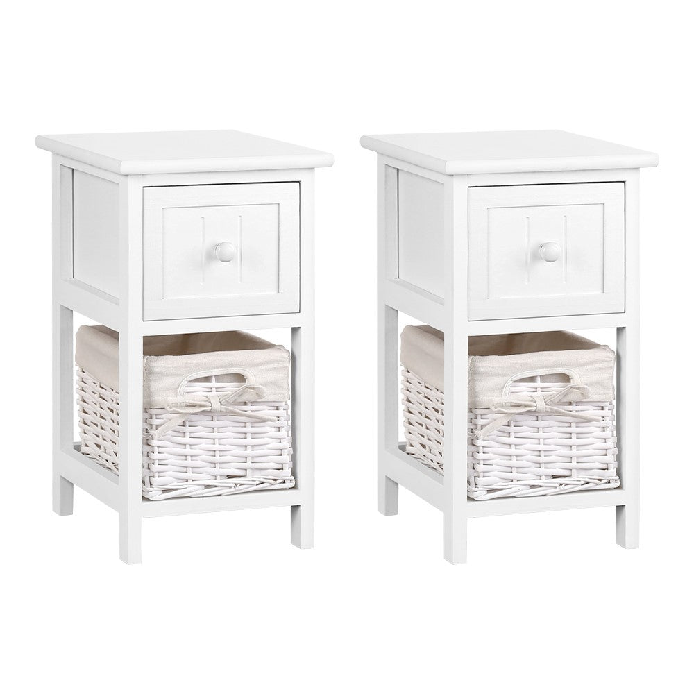 Artiss Bedside Table set featuring rustic white finish, one drawer, and a wicker basket for storage, ideal for cottage-style decor.
