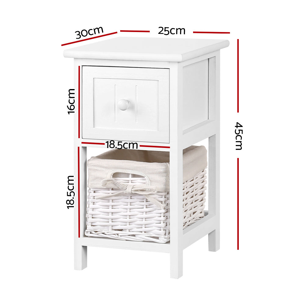 Artiss Bedside Table set featuring rustic white finish, one drawer, and a wicker basket for storage, ideal for cottage-style decor.