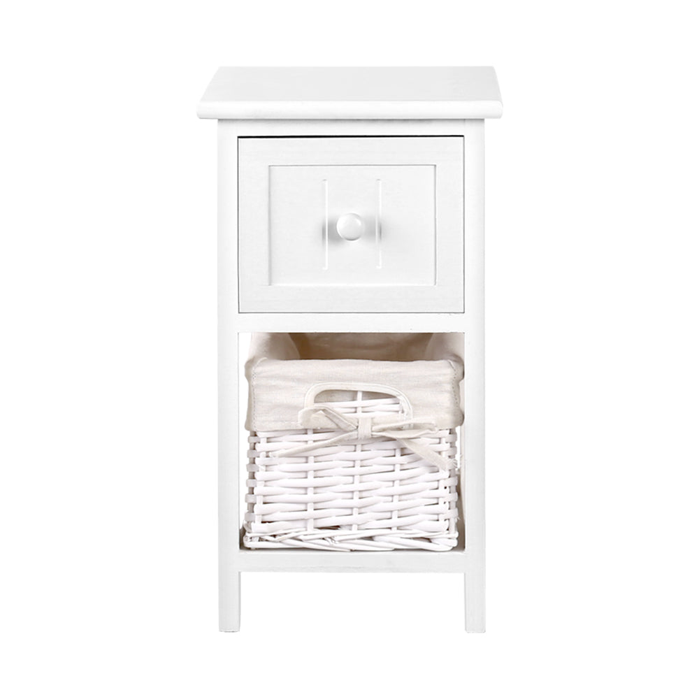 Artiss Bedside Table set featuring rustic white finish, one drawer, and a wicker basket for storage, ideal for cottage-style decor.