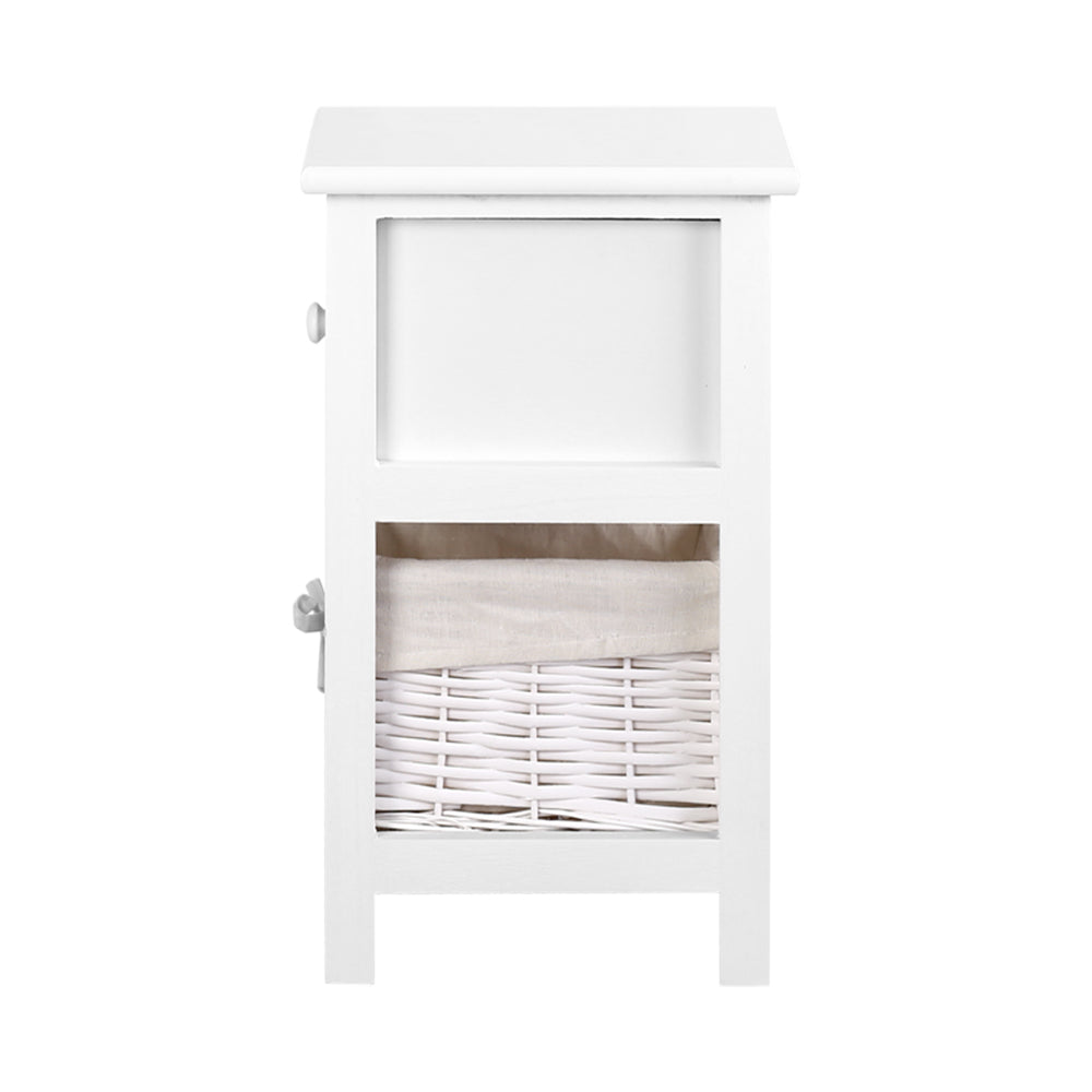 Artiss Bedside Table set featuring rustic white finish, one drawer, and a wicker basket for storage, ideal for cottage-style decor.