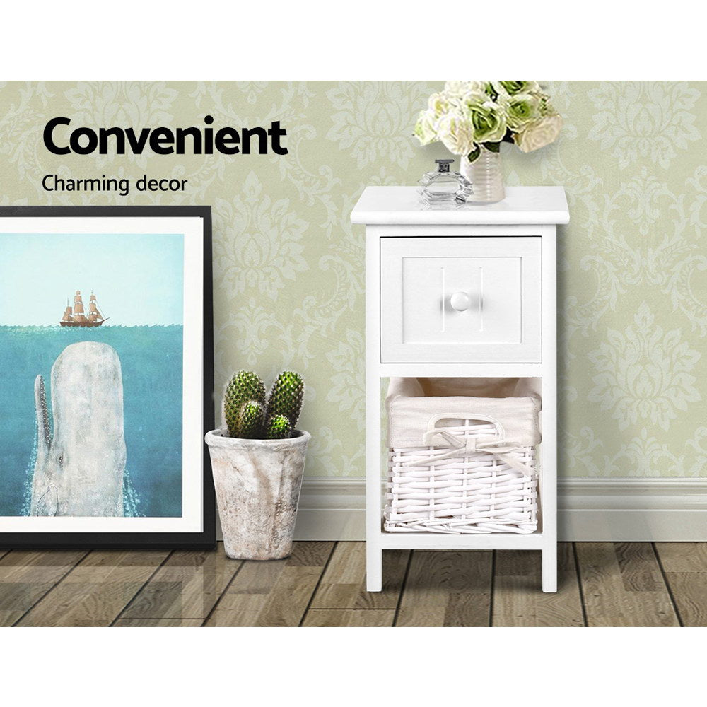 Artiss Bedside Table set featuring rustic white finish, one drawer, and a wicker basket for storage, ideal for cottage-style decor.