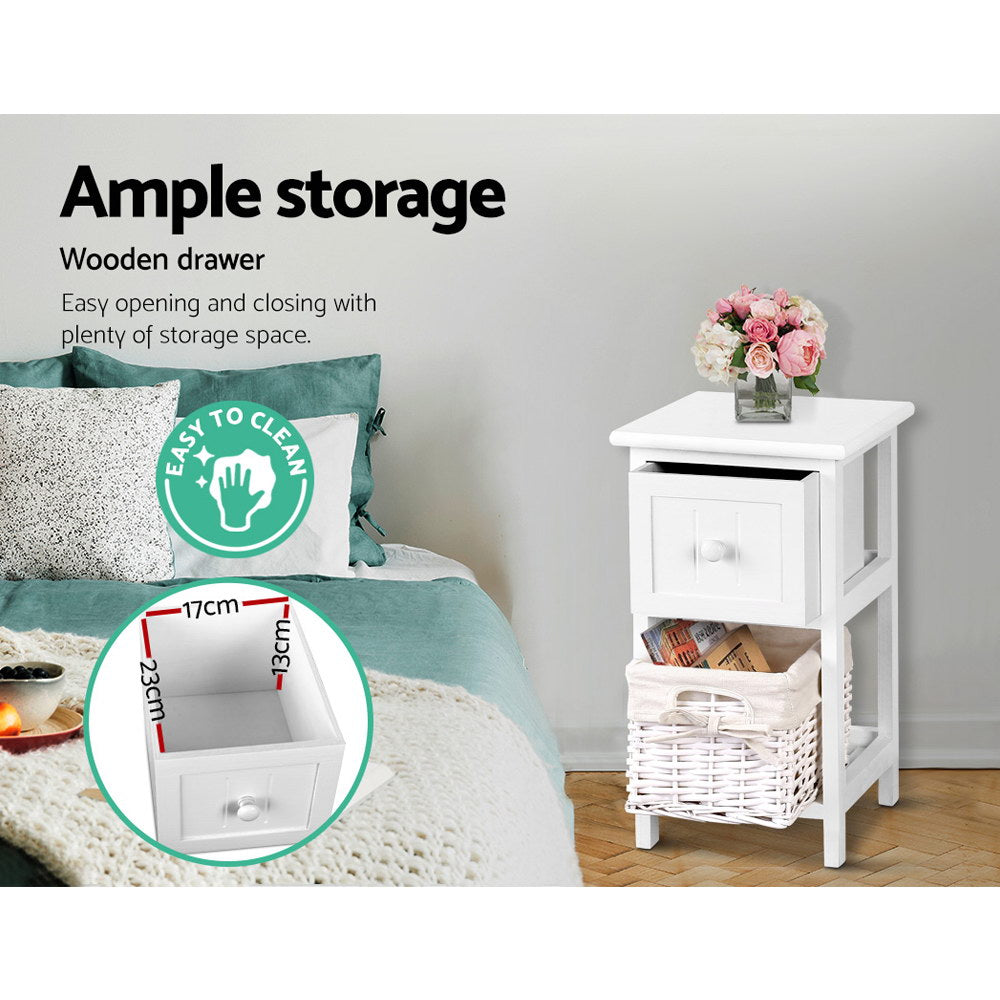 Artiss Bedside Table set featuring rustic white finish, one drawer, and a wicker basket for storage, ideal for cottage-style decor.