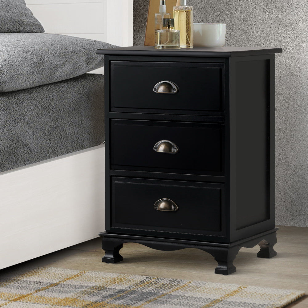 Artiss Bedside Table with 3 drawers in vintage black finish, featuring curved accents and vintage metal handles.