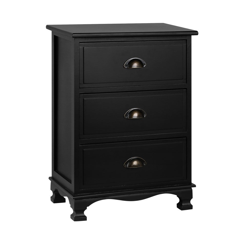 Artiss Bedside Table with 3 drawers in vintage black finish, featuring curved accents and vintage metal handles.