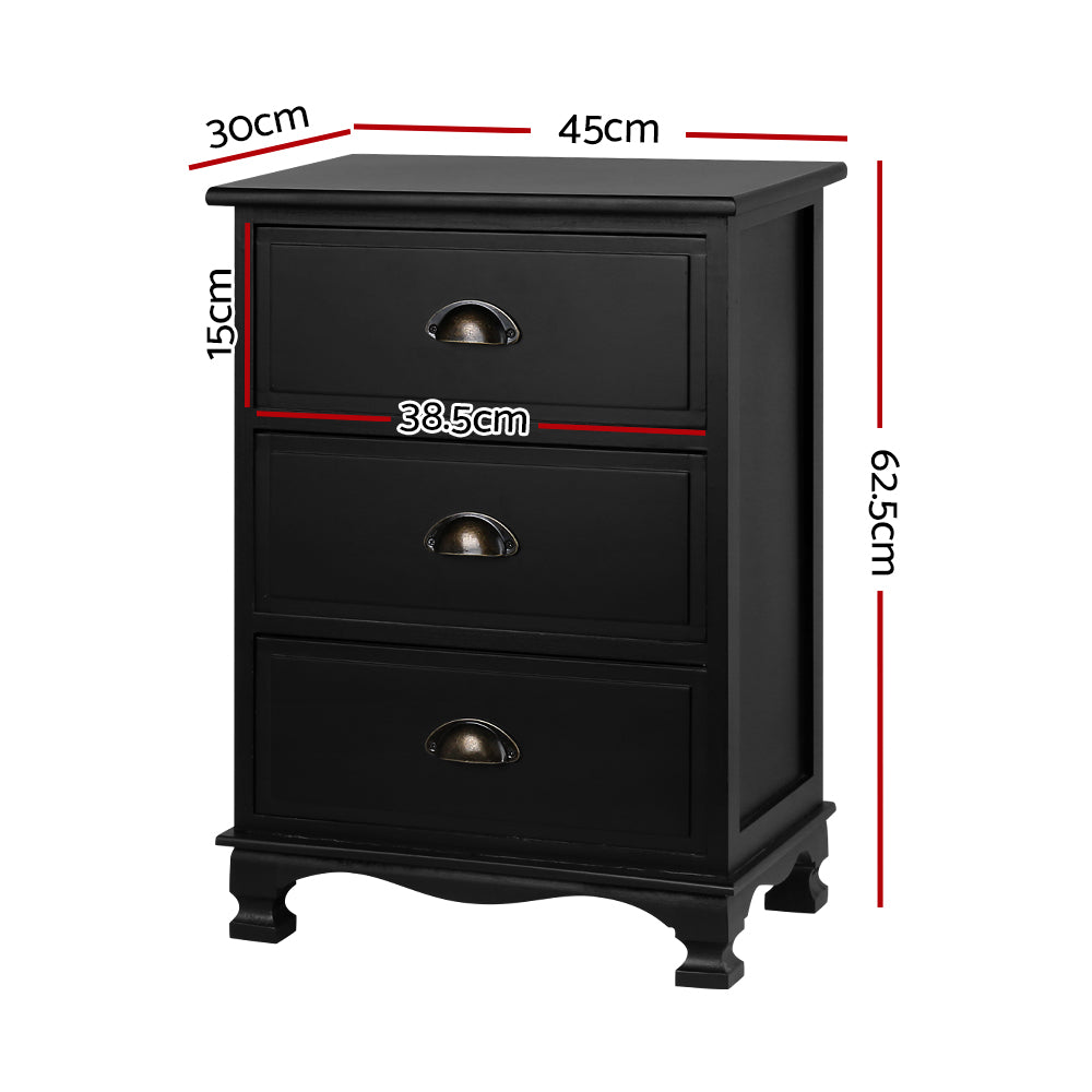 Artiss Bedside Table with 3 drawers in vintage black finish, featuring curved accents and vintage metal handles.
