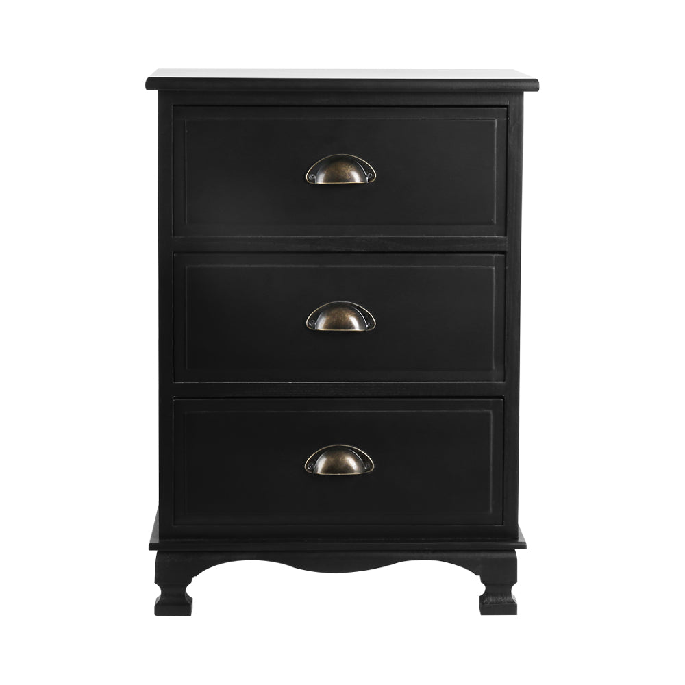 Artiss Bedside Table with 3 drawers in vintage black finish, featuring curved accents and vintage metal handles.