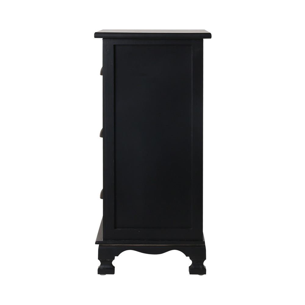 Artiss Bedside Table with 3 drawers in vintage black finish, featuring curved accents and vintage metal handles.