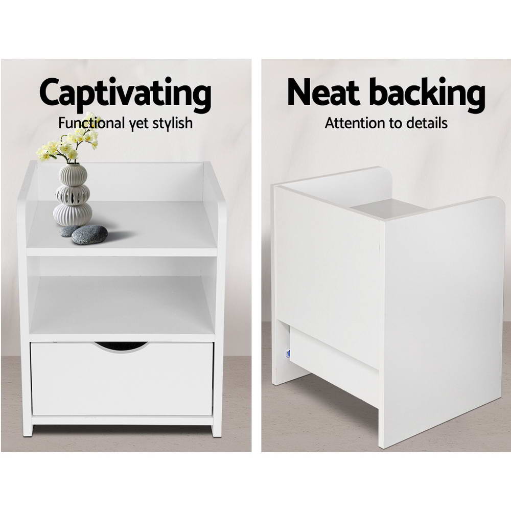 Artiss Bedside Table Drawer in White with a drawer and shelving unit, showcasing its modern design and sturdy construction.