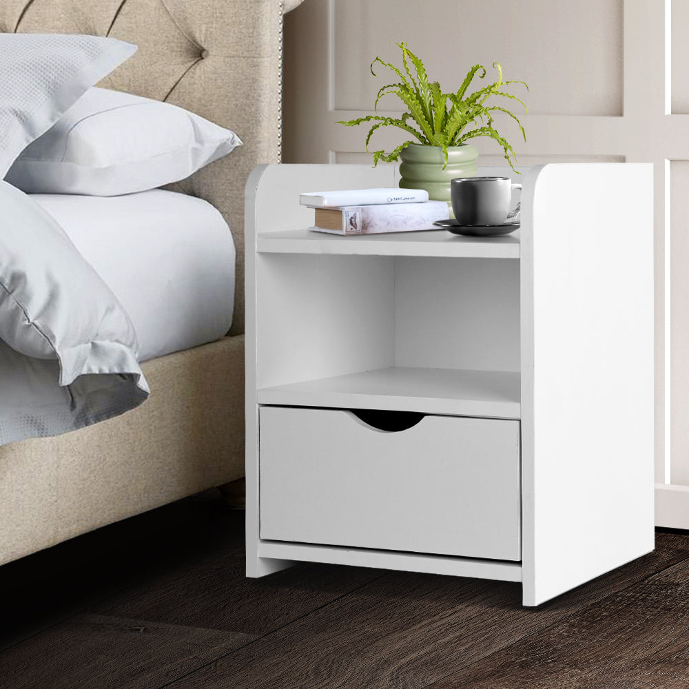 Artiss Bedside Table Drawer in White with a drawer and shelving unit, showcasing its modern design and sturdy construction.