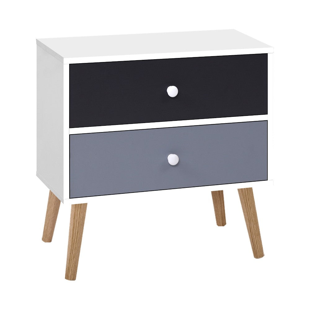 Artiss Bedside Table featuring a Scandinavian-inspired design with two drawers, solid wood legs, and a chic black and white finish.