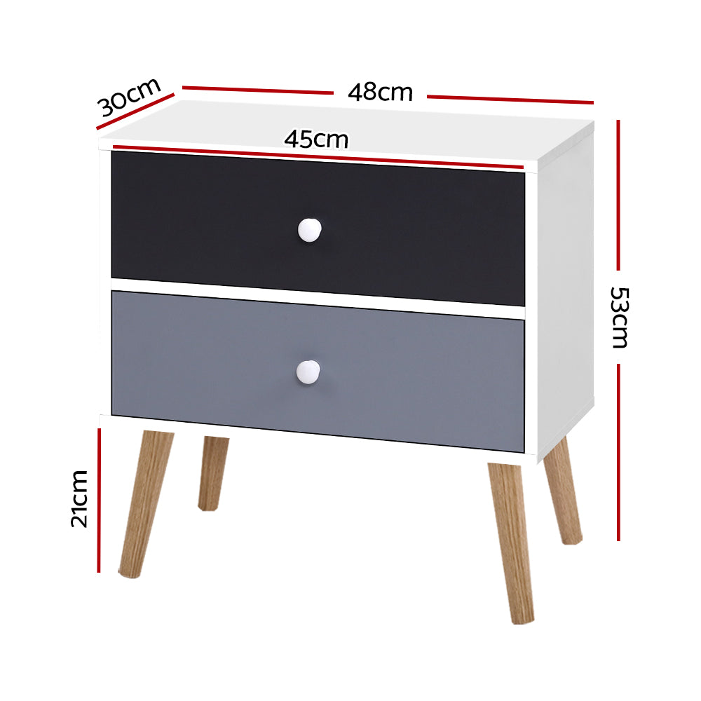 Artiss Bedside Table featuring a Scandinavian-inspired design with two drawers, solid wood legs, and a chic black and white finish.