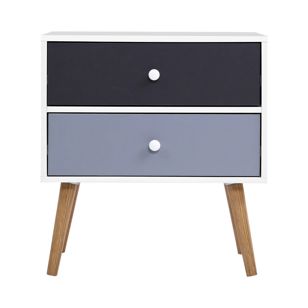 Artiss Bedside Table featuring a Scandinavian-inspired design with two drawers, solid wood legs, and a chic black and white finish.
