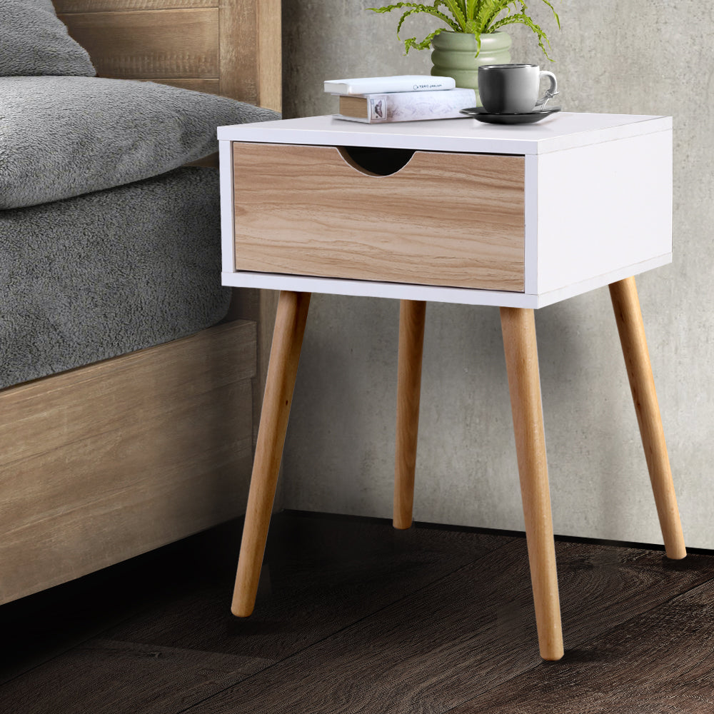 Artiss Bedside Table featuring a two-tone design with solid wood legs and a spacious drawer, perfect for bedroom storage.