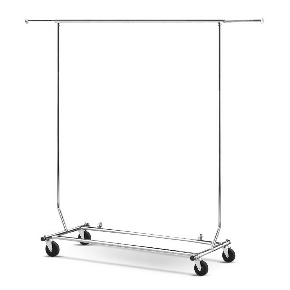 Artiss Clothes Coat Rack Stand with chrome finish, adjustable height and width, featuring omni-directional castors and anti-slip stoppers.