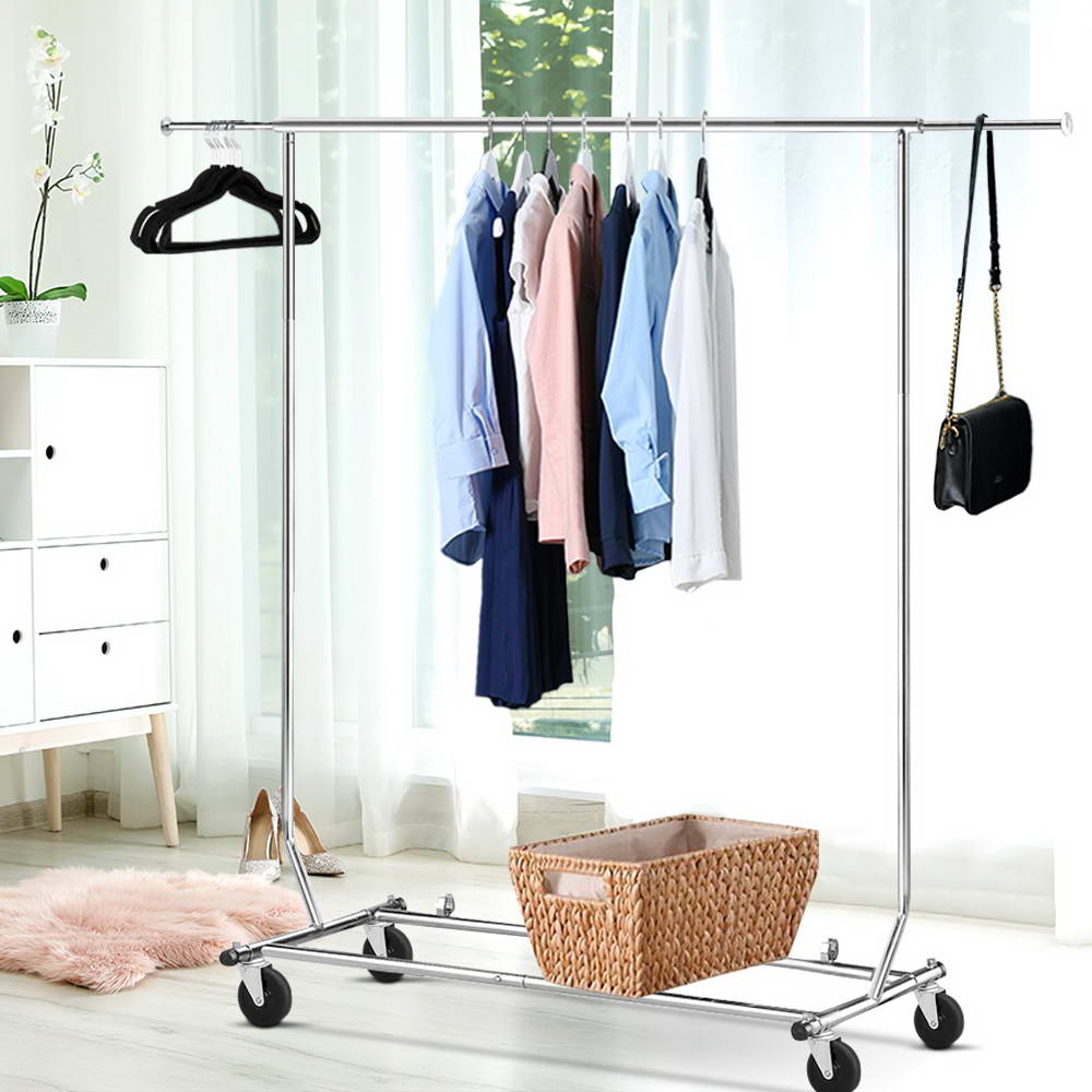Artiss Clothes Coat Rack Stand with chrome finish, adjustable height and width, featuring omni-directional castors and anti-slip stoppers.