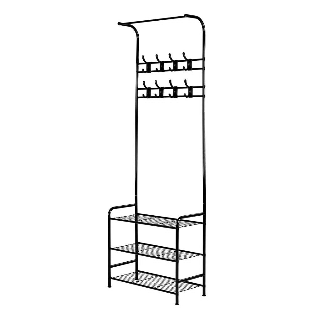 Artiss Clothes Rack in black metal with three tiers and eight hooks, showcasing a stylish and functional design for garment storage.