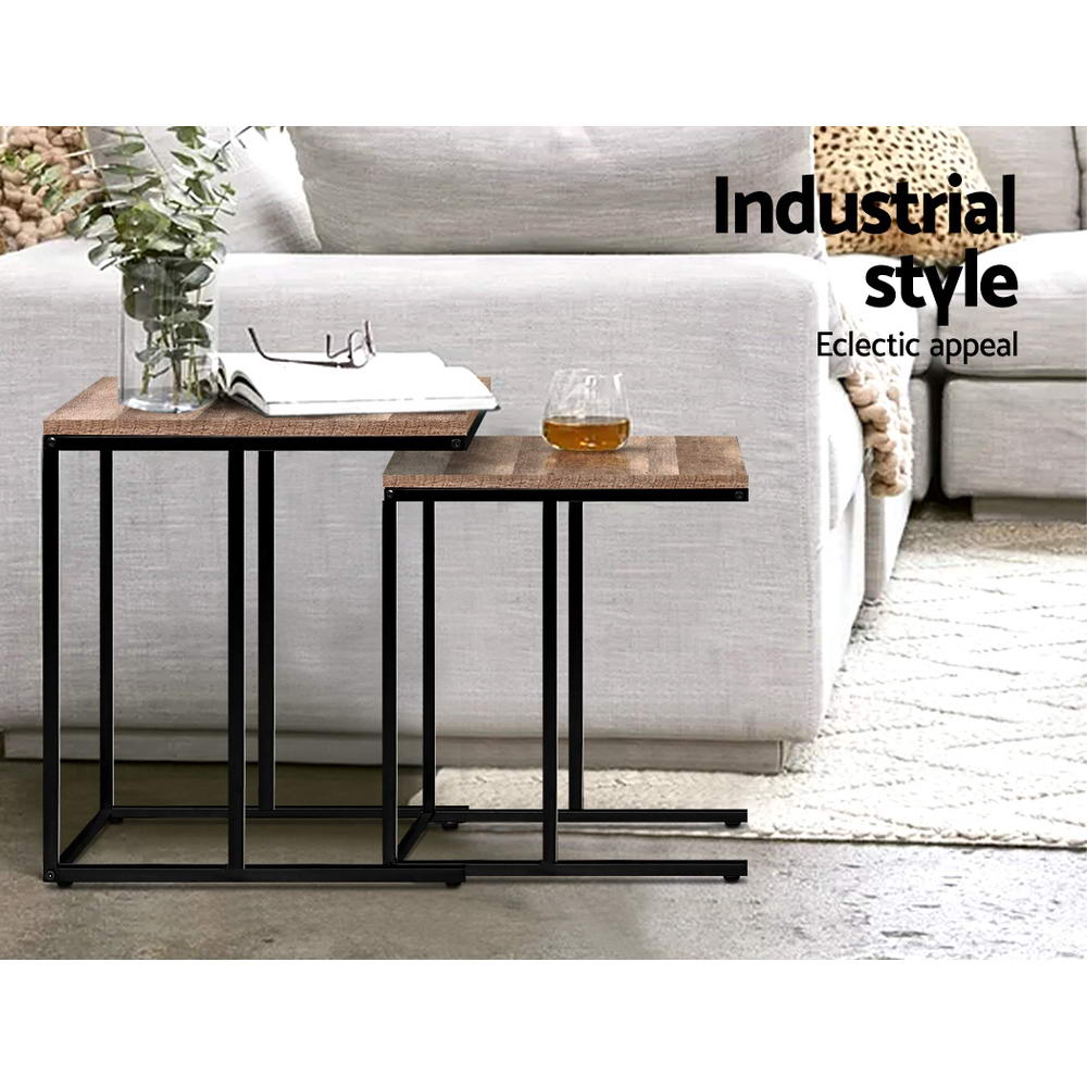 Artiss Coffee Table Nesting Side Tables featuring rustic wooden tops and industrial metal legs, showcasing a stylish and functional design.