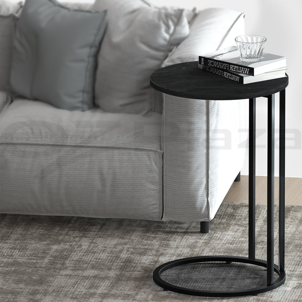 Artiss Emma Coffee Table Side Table with C-shape design, featuring a black particle board top and sturdy metal frame, ideal for modern interiors.