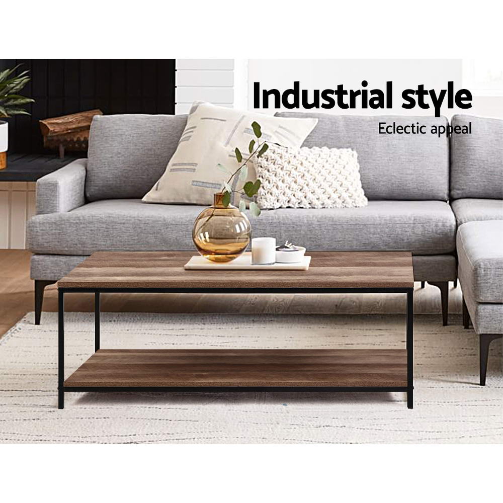 Artiss Coffee Table featuring a rustic vintage design with a dark wood top and black metal frame, showcasing its two-tier structure and open shelf storage.