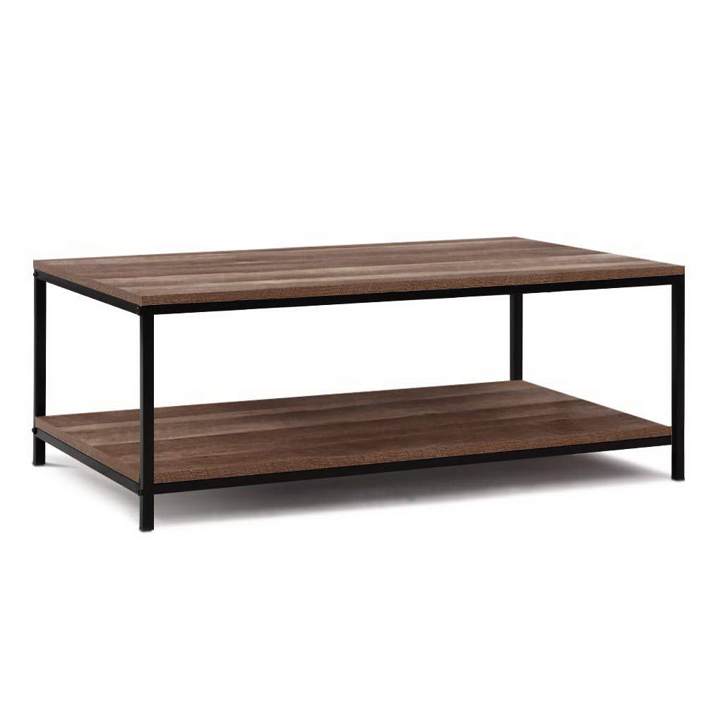 Artiss Coffee Table featuring a rustic vintage design with a dark wood top and black metal frame, showcasing its two-tier structure and open shelf storage.