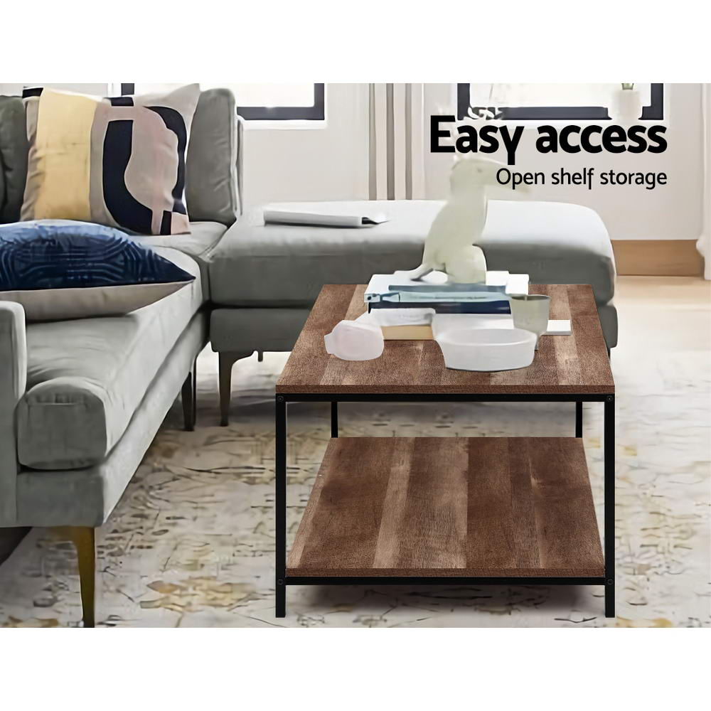 Artiss Coffee Table featuring a rustic vintage design with a dark wood top and black metal frame, showcasing its two-tier structure and open shelf storage.