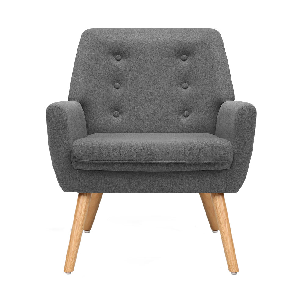 Artiss Fabric Dining Armchair in Grey with tufted backrest and rubber wood legs, showcasing its stylish design and comfort.