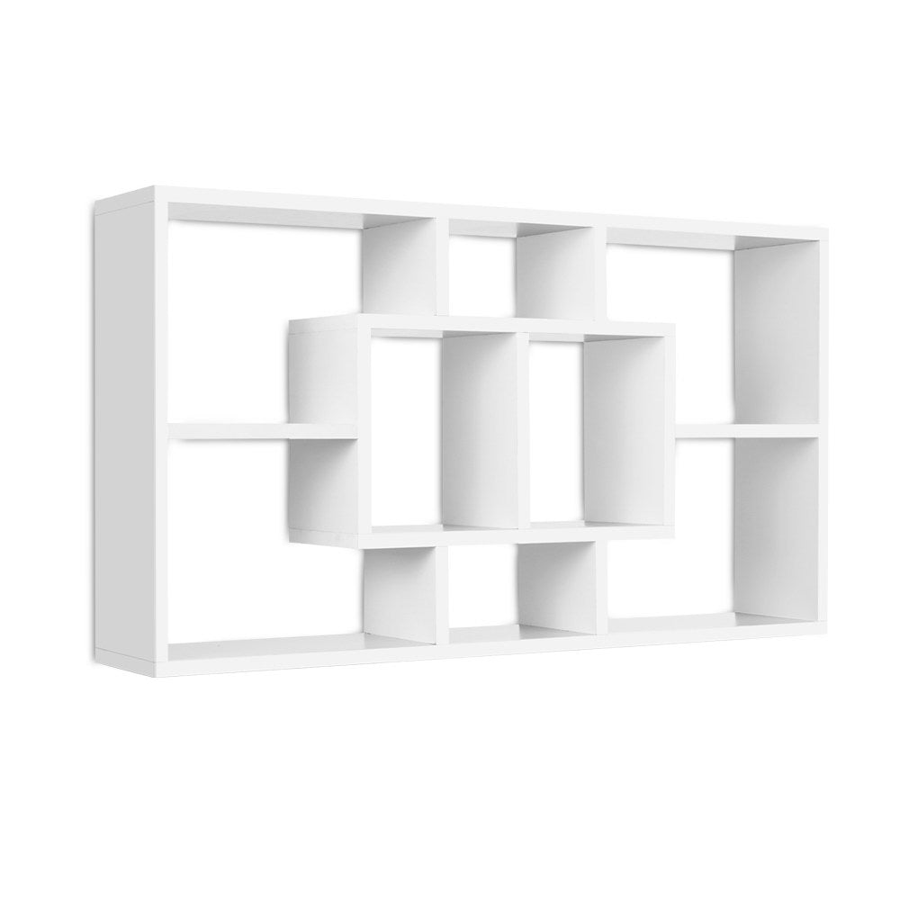 Artiss Floating Wall Shelf in white, showcasing eight compartments for versatile display options in a modern interior setting.