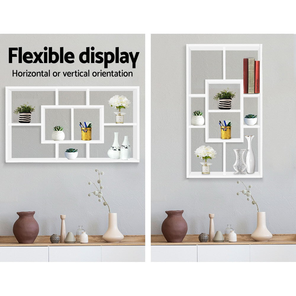 Artiss Floating Wall Shelf in white, showcasing eight compartments for versatile display options in a modern interior setting.