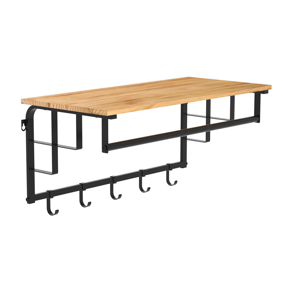 Artiss Floating Wall Shelves featuring solid pine wood and black metal brackets, showcasing adjustable hooks for versatile storage.