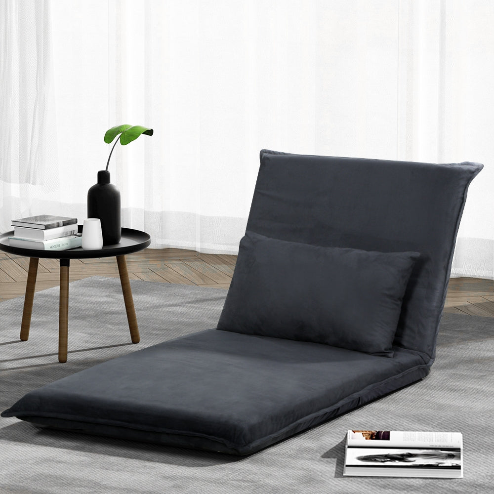 Artiss Floor Sofa Bed in charcoal color, showcasing its soft microfibre fabric and adjustable design, perfect for lounging and camping.